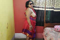 Indian sizzling mom showing her juicy bawdy cleft in red sharee
