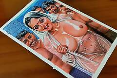 Off colour Art Or Drawing Of Sexy Indian Woman property wet with Four Men