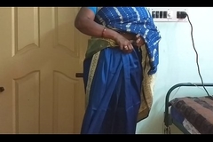 des indian horny cheating tamil telugu kannada malayalam hindi wife vanitha wearing blue colour saree  showing beamy boobs and shaved pussy shake hard boobs shake nip rubbing pussy masturbation
