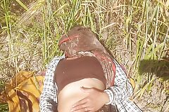 Desi daughter-in-law is walking in the wheat field in front of her father-in-law with her obese ass plus fingering her pussy.