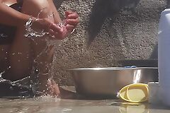 Stepsister is taking a bath naked in the bathroom open outside Finger fingering in pussy Stepsister